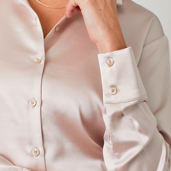 MYSTREE Mauve Satin Blouse – Long Sleeve Button Down Top Dressy Silky Shirt - Picture 4 of 4